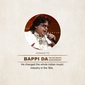 Portrait of Bappi Lahiri with text commemorating his death anniversary.