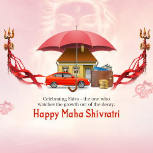 Maha Shivratri image depicting Lord Shiva protecting a house, car, and wallet with an umbrella.