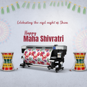 Maha Shivaratri greeting with traditional drums and a printer displaying festive patterns.