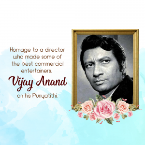 Portrait of Vijay Anand with floral decorations and text commemorating his Punyathithi.