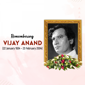 Portrait of Vijay Anand with floral tribute