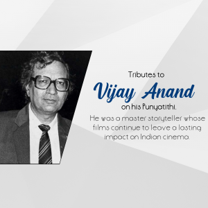Black and white portrait of Vijay Anand with text commemorating his Punyotithi.