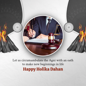 Image depicting Holika Dahan with a legal theme of justice and oath-taking.