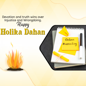 Image depicting a Holika Dahan celebration with a motivational quote and marketing elements.