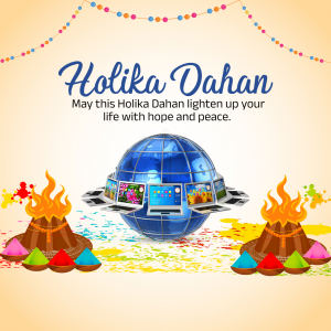 Holi Holika Dahan celebration with a globe and bonfire illustration