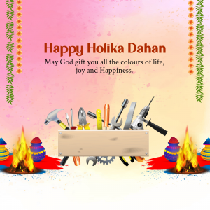 Happy Holika Dahan greeting with tools and festive elements.