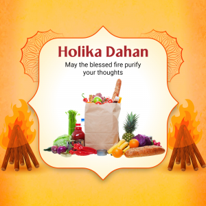 Holi Dahan image with fruits, vegetables, and a bonfire