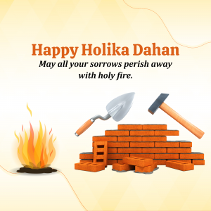 Holika Dahan illustration with fire, bricks, and tools