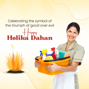 Woman holding cleaning supplies with a Holika Dahan bonfire in the background