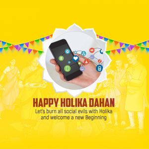 Image depicting a smartphone with social media icons and a Holika Dahan theme.