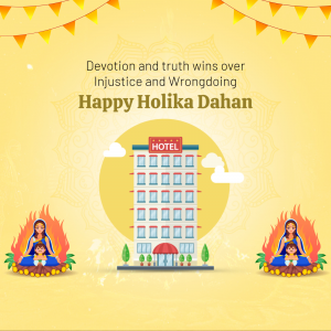 Illustration depicting Holika Dahan with a hotel building in the background.