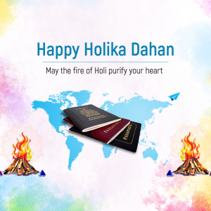 Image depicting Happy Holika Dahan with passports and a world map.