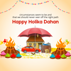 Image depicting Holika Dahan with a house and car, wishing 'Happy Holika Dahan'