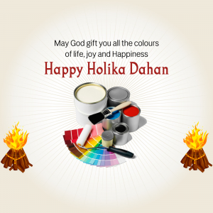 Holika Dahan greeting with paint cans and color swatches
