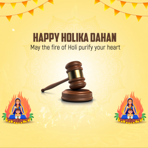 Happy Holika Dahan greeting with a gavel and bonfire illustration
