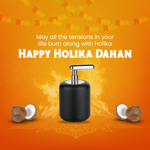 Happy Holika Dahan image with a black soap dispenser, coconuts, and festive decorations.