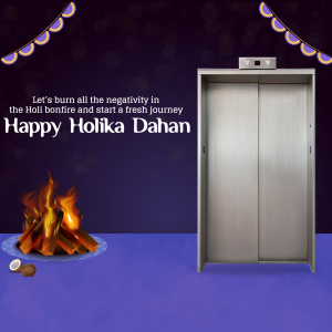 Image depicting a Holika Dahan bonfire with an elevator in the background and festive decorations.