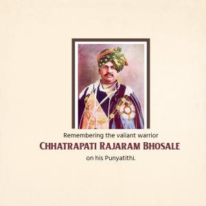 Portrait of Chhatrapati Rajaram Bhosale with text commemorating his Punyathithi