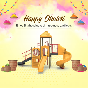 Happy Dhuleti banner with playground and colorful elements