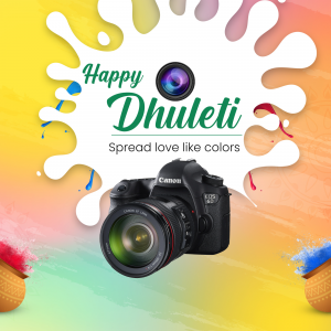 Canon camera with colorful Dhulleti background