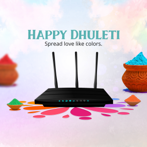 Image depicting a router with colorful Holi powders, celebrating Dhulheti and connectivity.