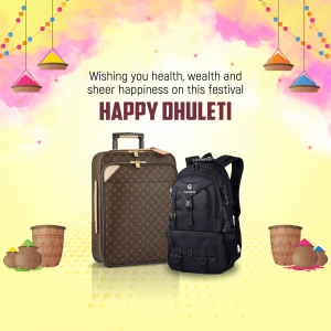 Dhulandi festival greeting with luggage and travel bags