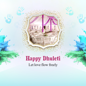 Festive Dhuleti image with wedding setup and colorful splashes