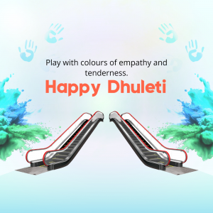 Image depicting Happy Dhuleti with colorful splashes and escalators.
