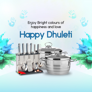 Image depicting kitchenware with colorful splashes and handprints, celebrating Happy Dhuleti.