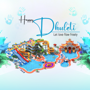 Illustration of a water park with the text 'Happy Dhuleti' and handprints.