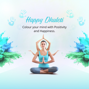 Woman in yoga pose with colorful handprints and splashes, celebrating Dhuleti.