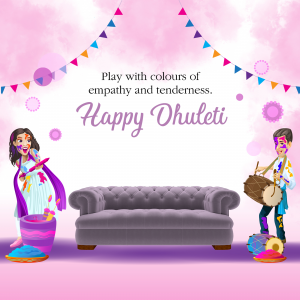 Illustration of a Happy Dhuleti celebration with people playing with colors and a decorated living room.