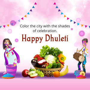 Image depicting a Happy Dhulandi celebration with colorful elements, fruits, vegetables, and people playing Holi.