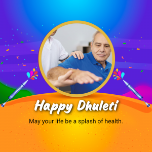 A senior man receiving physiotherapy treatment with a festive Dhuleti background.