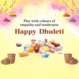 Happy Dhuleti greeting with colorful pills and Holi decorations.