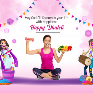 Image depicting people celebrating Dhulandi with colors, fitness, and healthy food.