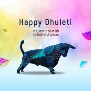 Bull made of stock charts with 'Happy Dhuleti' text and colorful elements.