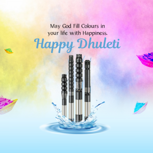 Image depicting water pumps with colorful Holi-like elements and the text 'Happy Dhuleti'