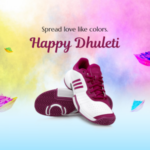 Image of purple and white sports shoes with colorful Holi powder splashes and the text 'Happy Dhulleti'