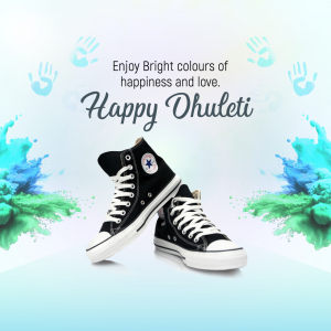 Black Converse sneakers with colorful paint splashes and handprints, celebrating Dhulleti.