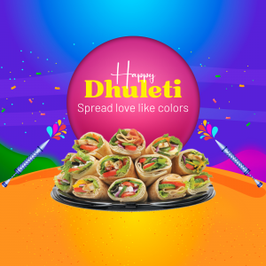 Dhuleti celebration with colorful background and shawarma platter
