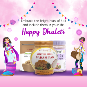 Patanjali Badam Pak with Holi celebration imagery