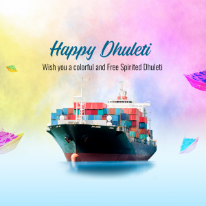 Image depicting a cargo ship with colorful Holi-themed elements.