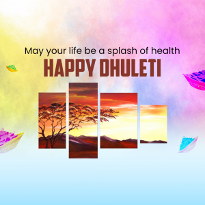Dhulleti festival greeting with colorful splashes and a sunset landscape.