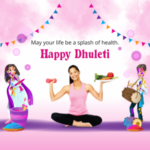 Image depicting a Happy Dhulandi celebration with people, colors, and healthy food.