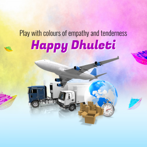 Image depicting Happy Dhuleti with airplanes, trucks, and a globe.