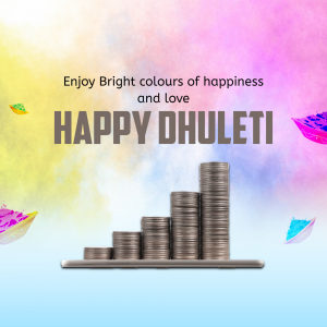 Image depicting stacks of coins growing upwards with a colorful Dhulleti background.