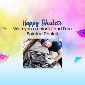 Image depicting a mechanic working on a car with a colorful Dhuleti background.