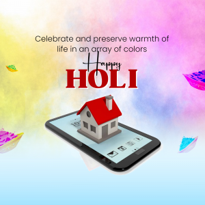 Holi celebration image with a house on a smartphone screen surrounded by colors.