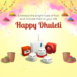 Happy Dhulleti greeting with colorful elements and security system components.